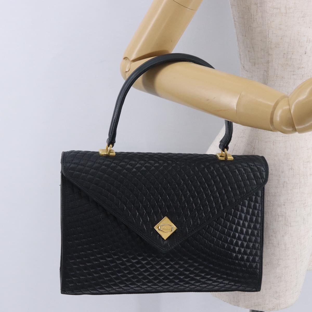 BALLY Hand Bag Leather Navy Gold Tone Auth ka6224