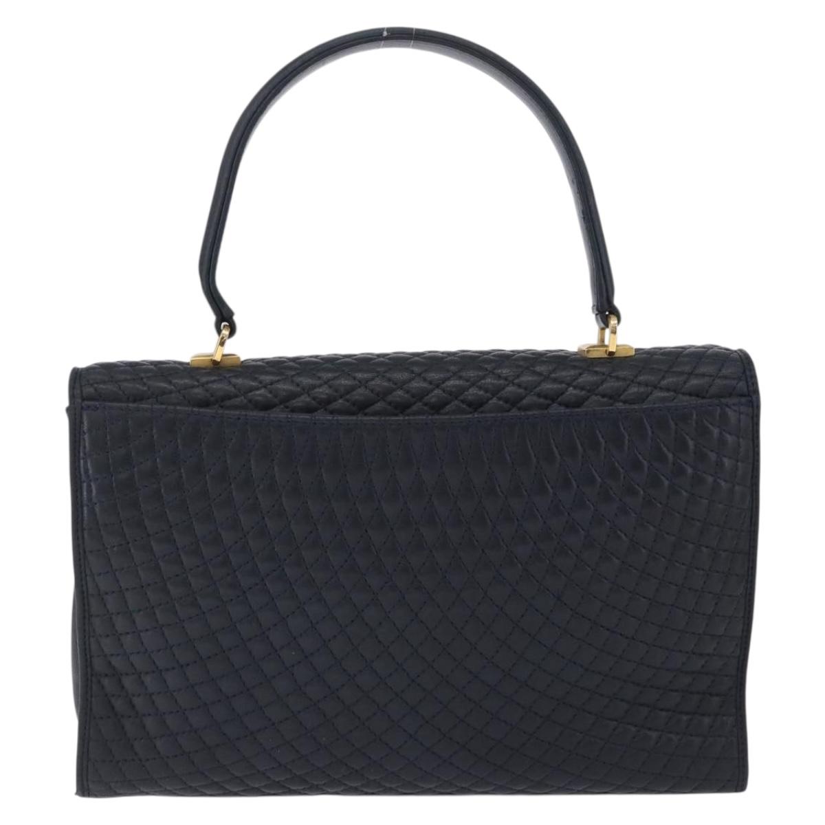 BALLY Hand Bag Leather Navy Gold Tone Auth ka6224