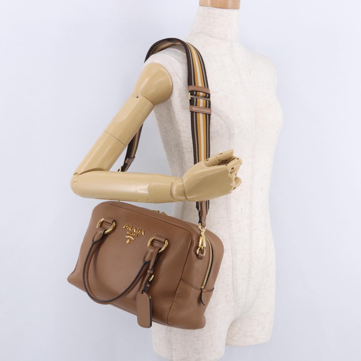 PRADA Hand Bag Leather 2way Beige Gold Tone Auth ka6236M