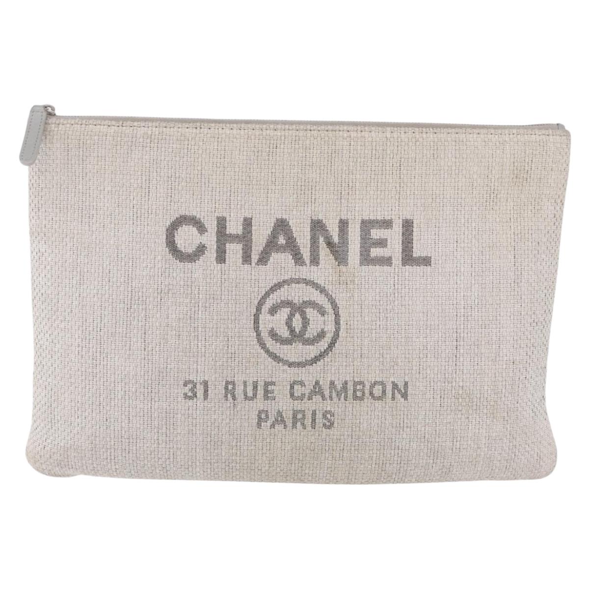 CHANEL Deauville Clutch Bag Straw Gray Silver CC Auth ka6238A