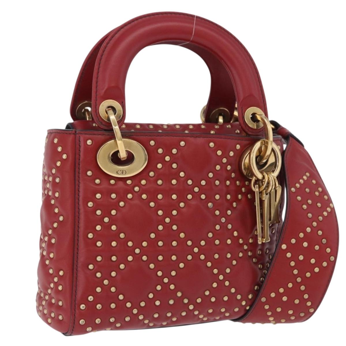 Christian Dior Lady Dior Canage Hand Bag Lamb Skin 2way Red Gold Auth ka6240V