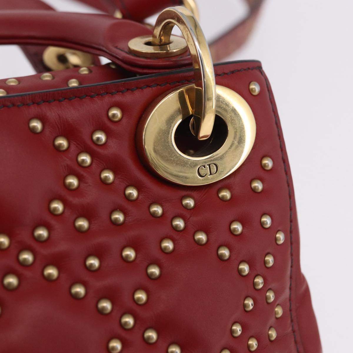 Christian Dior Lady Dior Canage Hand Bag Lamb Skin 2way Red Gold Auth ka6240V