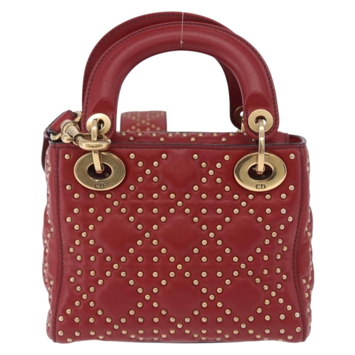 Christian Dior Lady Dior Canage Hand Bag Lamb Skin 2way Red Gold Auth ka6240V
