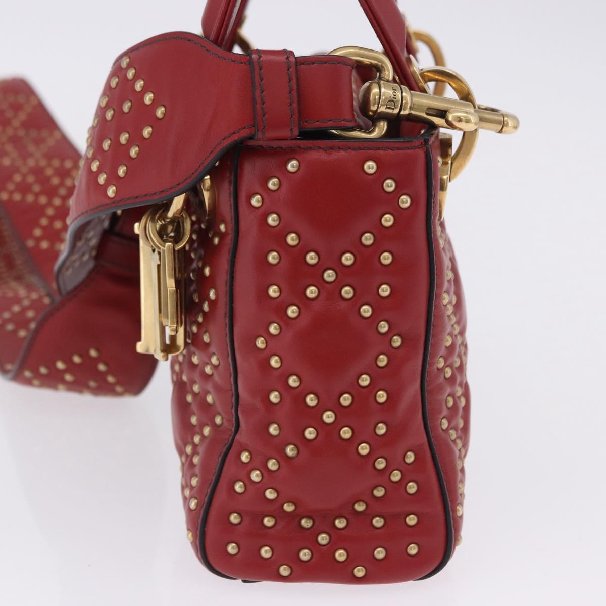 Christian Dior Lady Dior Canage Hand Bag Lamb Skin 2way Red Gold Auth ka6240V