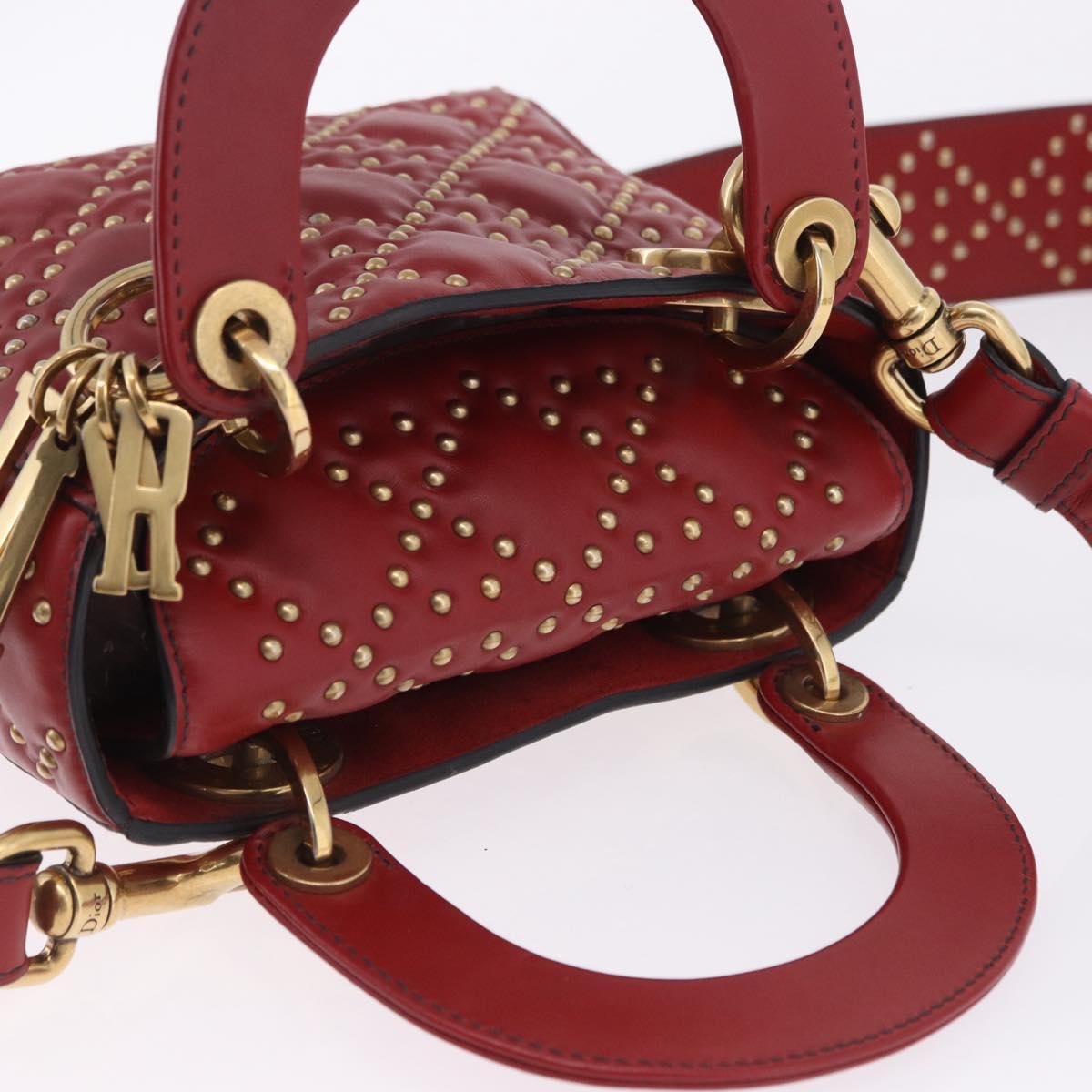 Christian Dior Lady Dior Canage Hand Bag Lamb Skin 2way Red Gold Auth ka6240V
