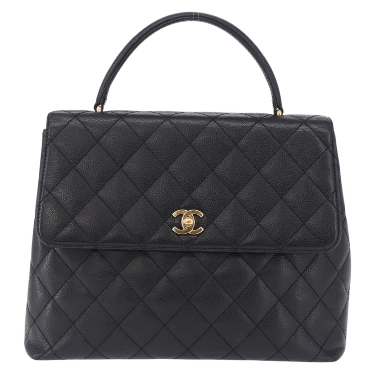 CHANEL Matelasse Hand Bag Caviar Skin Black Gold Tone CC Auth ka6241V