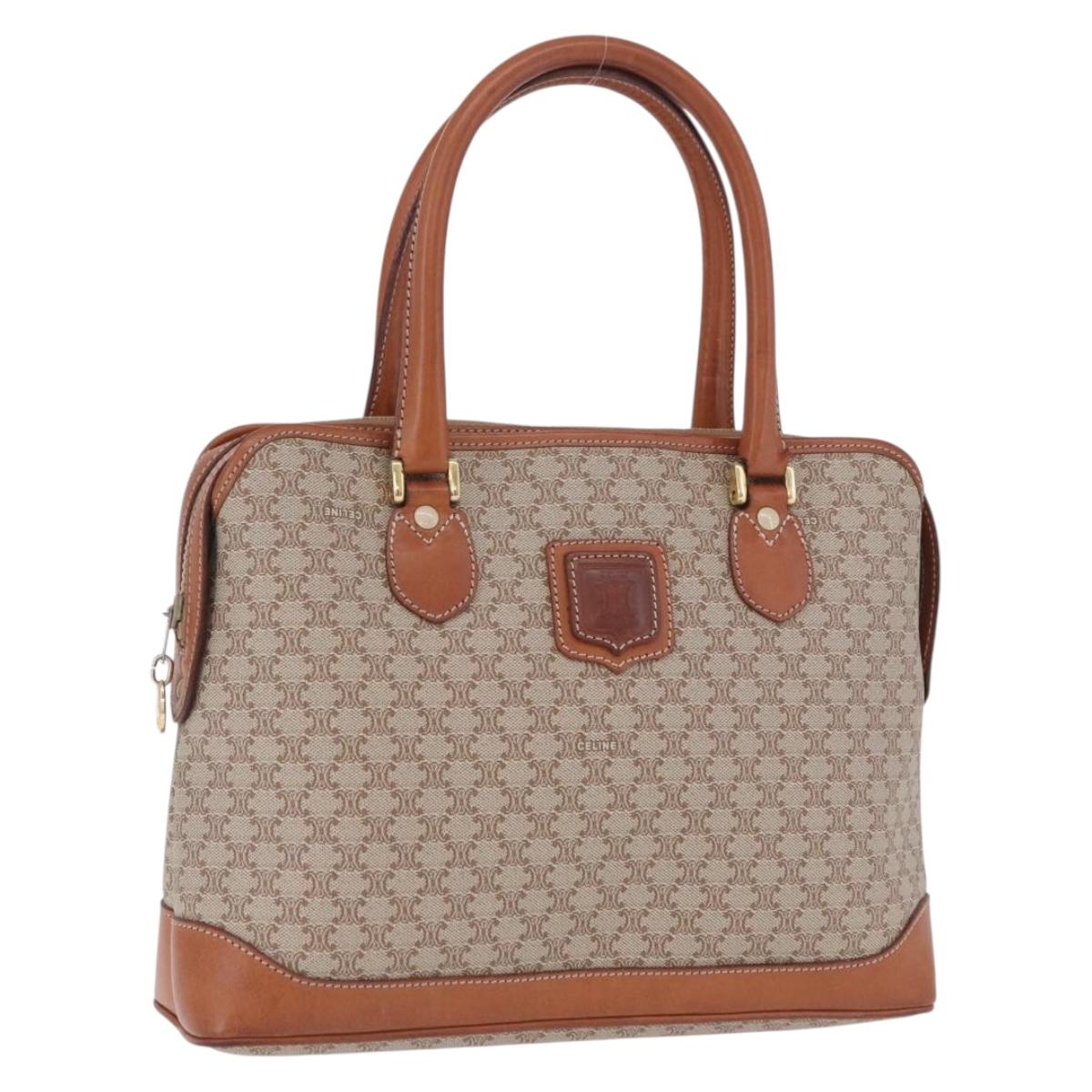 CELINE Macadam Hand Bag PVC Leather Beige Gold Tone Auth ka6244A