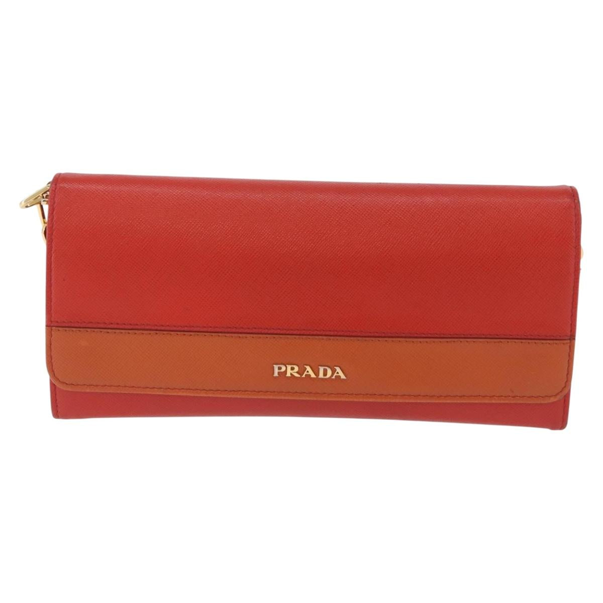 PRADA Chain Shoulder Wallet Saffiano Leather Orange Gold Tone Auth ka6249