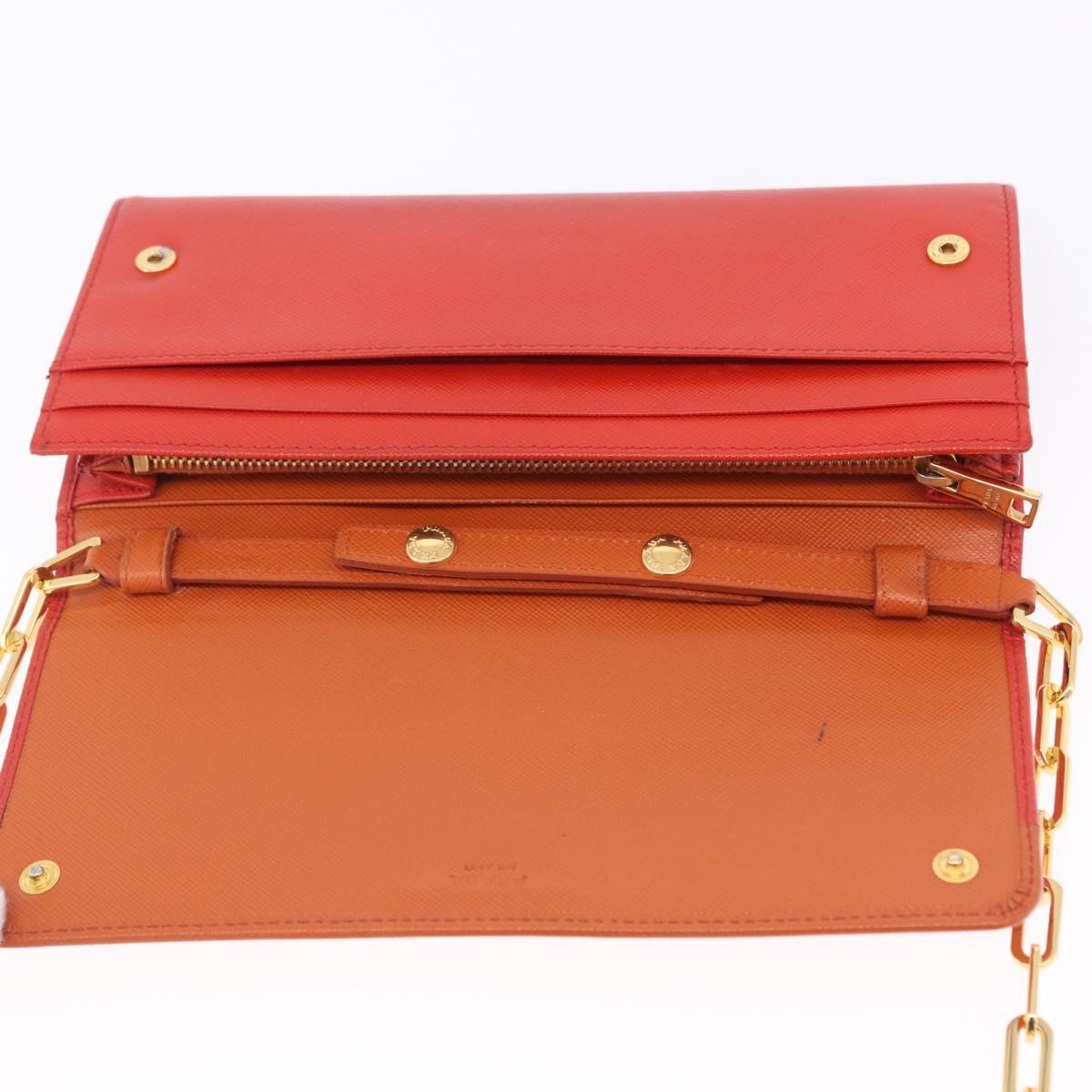PRADA Chain Shoulder Wallet Saffiano Leather Orange Gold Tone Auth ka6249