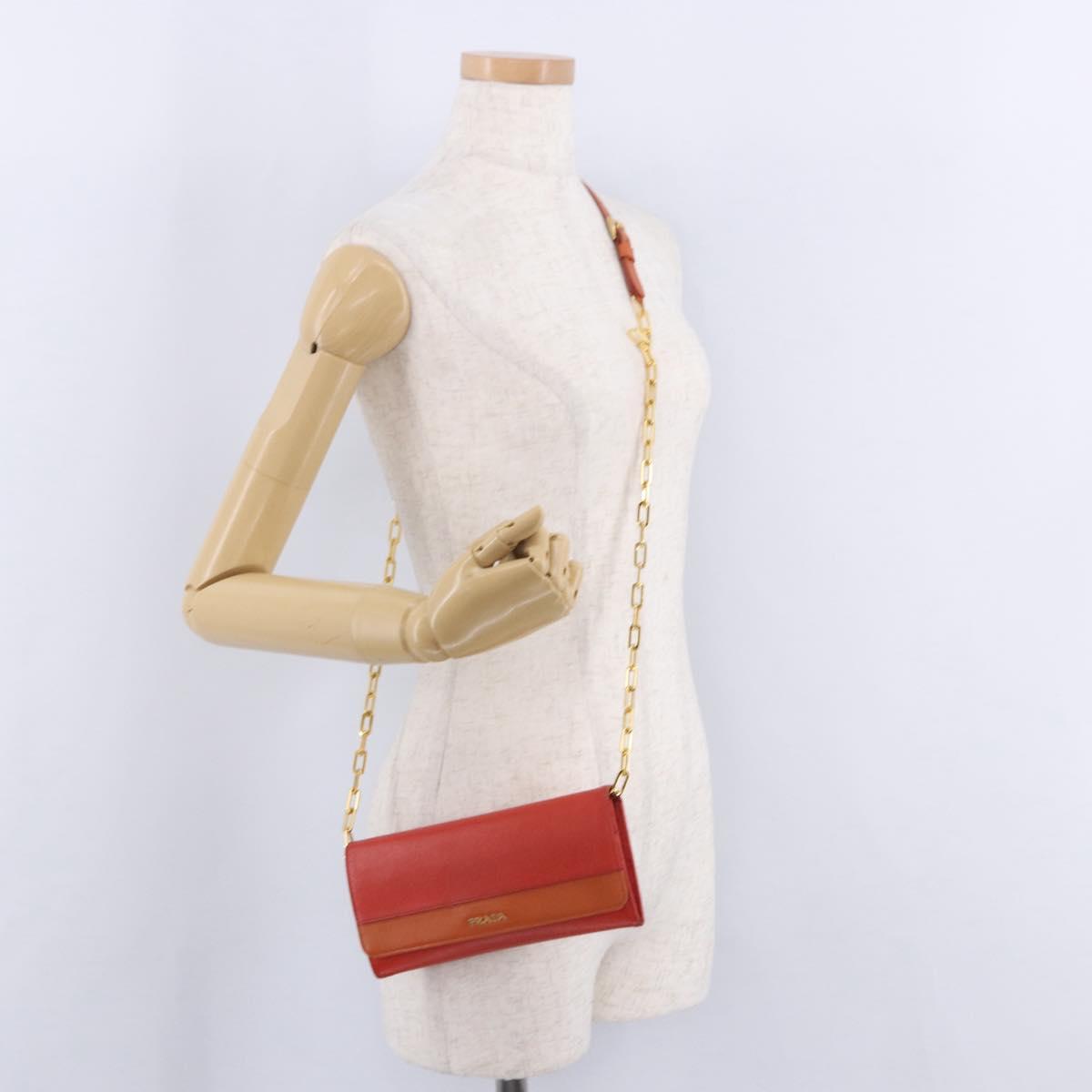 PRADA Chain Shoulder Wallet Saffiano Leather Orange Gold Tone Auth ka6249