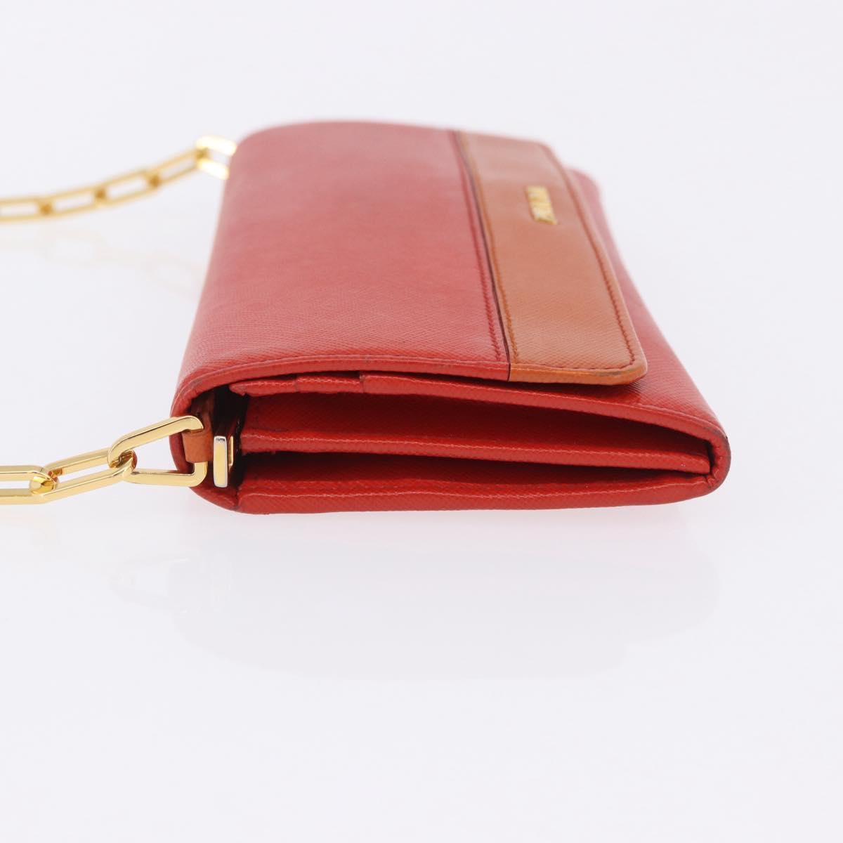 PRADA Chain Shoulder Wallet Saffiano Leather Orange Gold Tone Auth ka6249