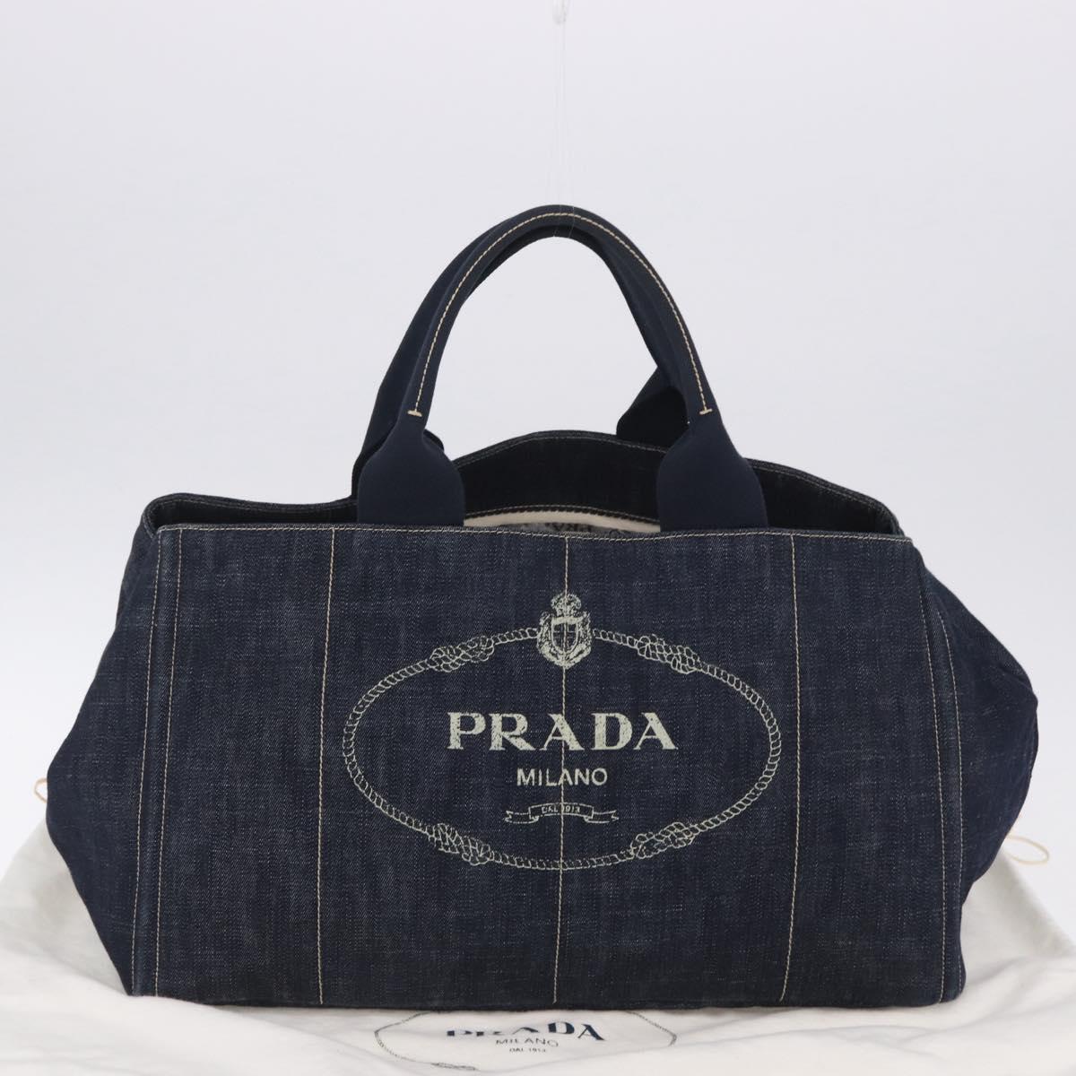 PRADA Canapa GM Hand Bag Denim Blue Gold Tone Auth ka6253V