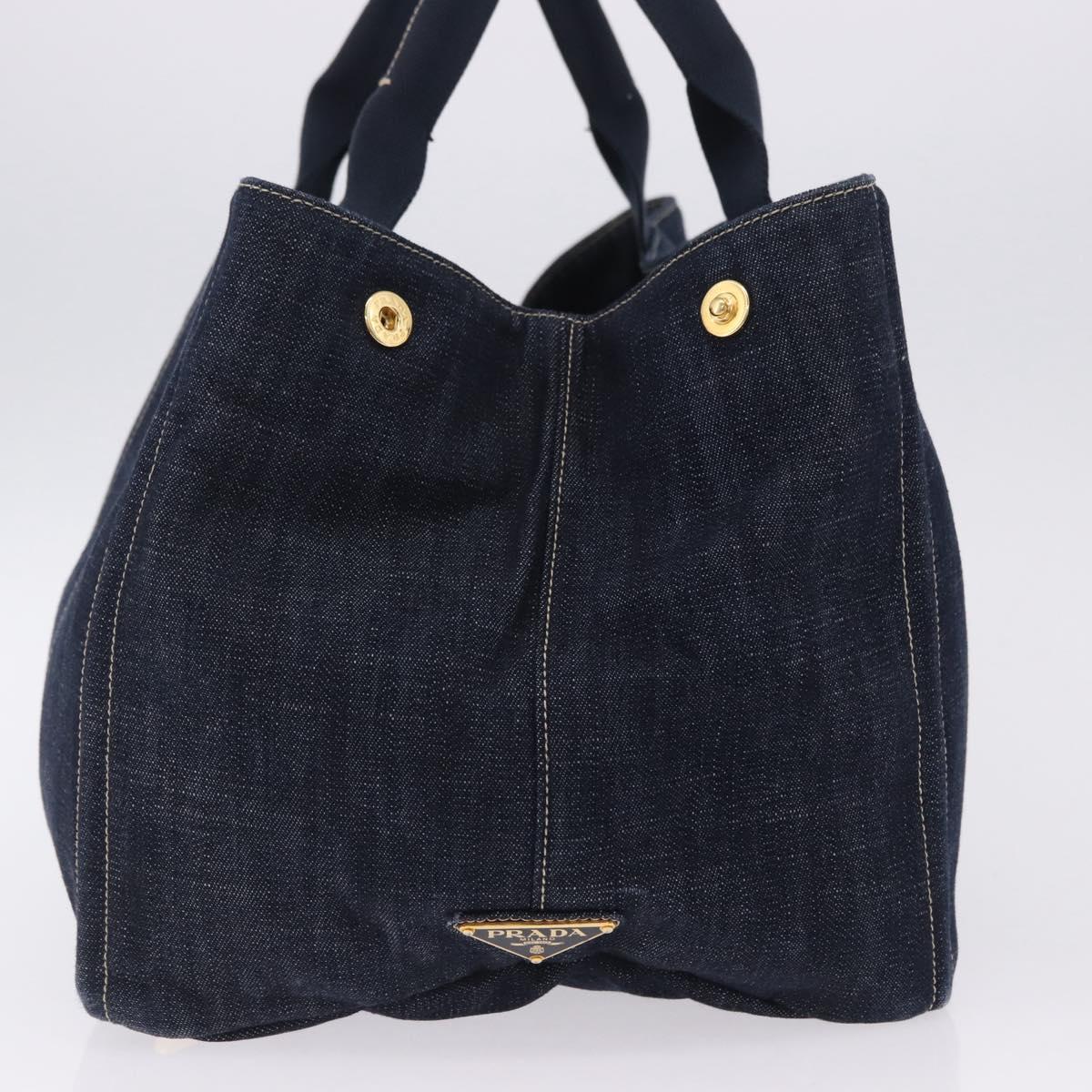 PRADA Canapa GM Hand Bag Denim Blue Gold Tone Auth ka6253V