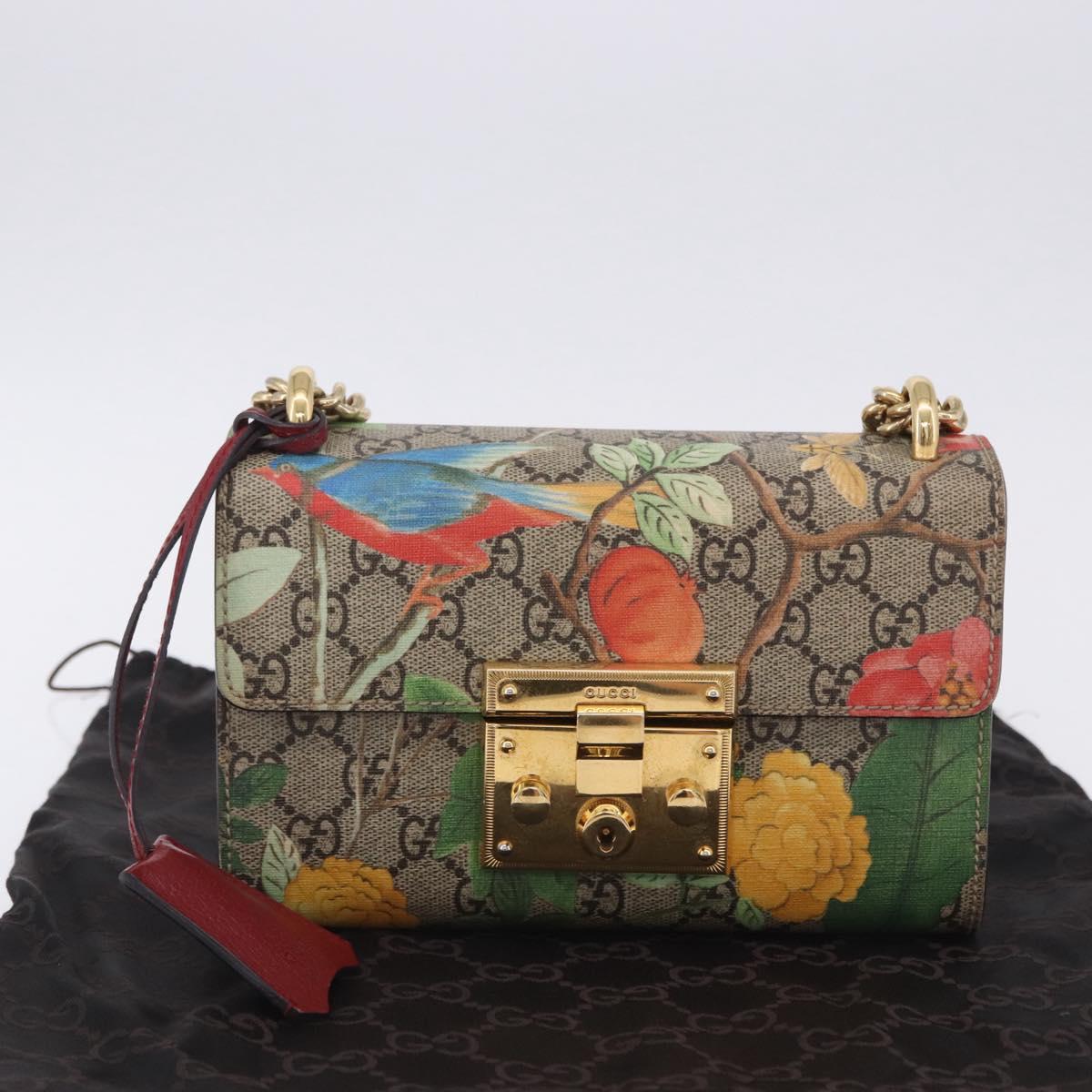 GUCCI GG Supreme Padlock Chain Shoulder Bag PVC Beige Gold 409487 Auth ka6254V