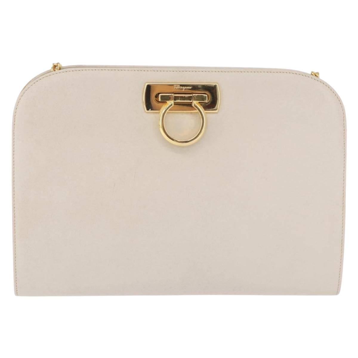 Salvatore Ferragamo Gancini Chain Shoulder Bag Leather White Gold Auth ka6255
