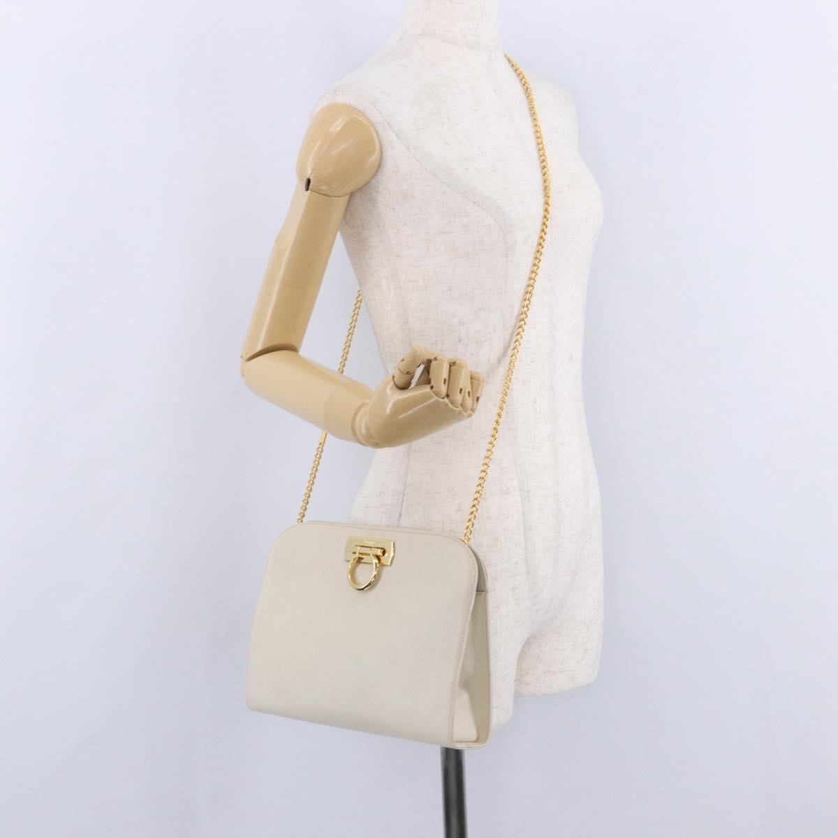 Salvatore Ferragamo Gancini Chain Shoulder Bag Leather White Gold Auth ka6255