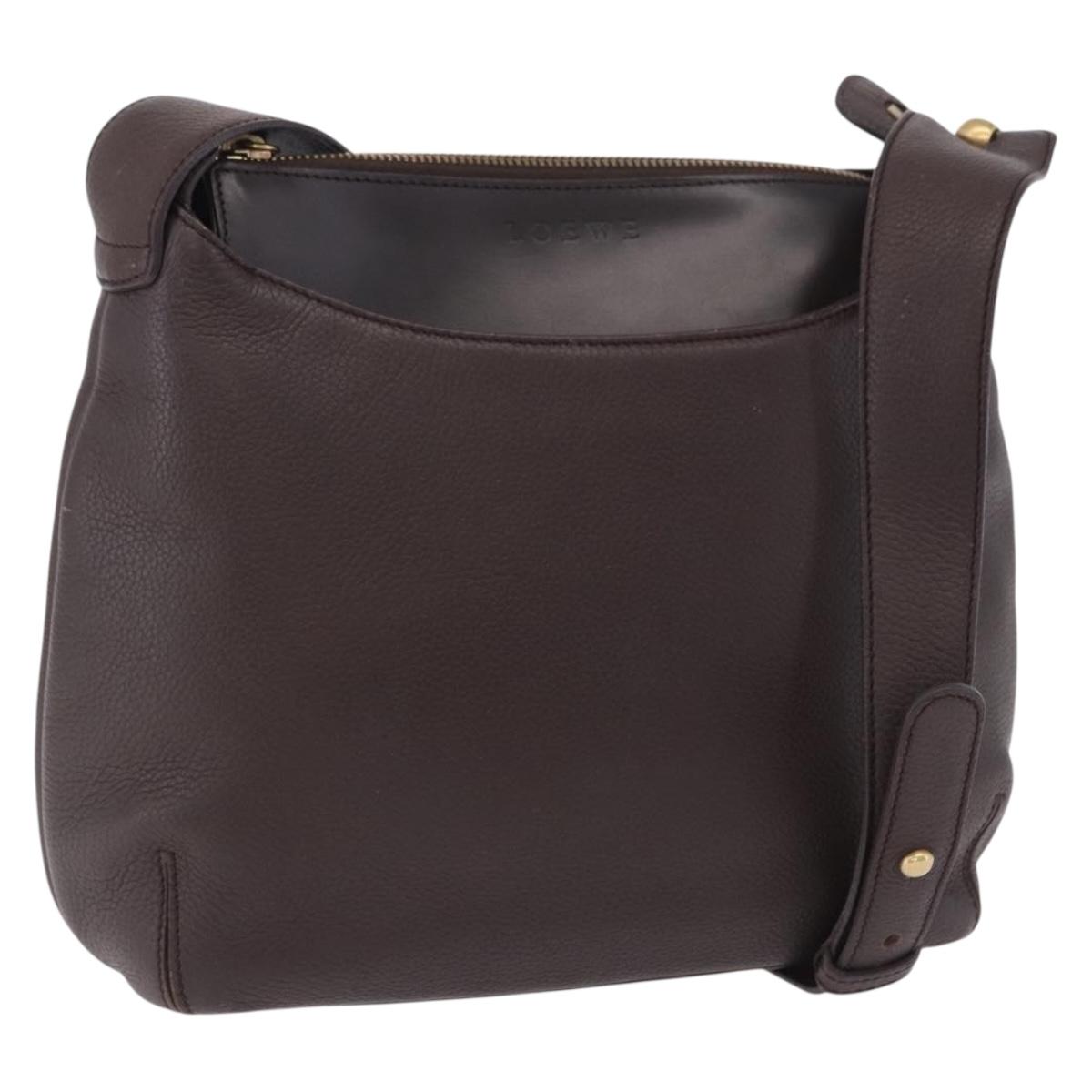 LOEWE Shoulder Bag Leather Dark Brown Gold Tone Auth ka6261A