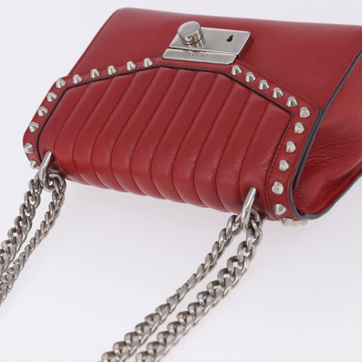 PRADA Chain Shoulder Bag Leather Red Silver Auth ka6268V