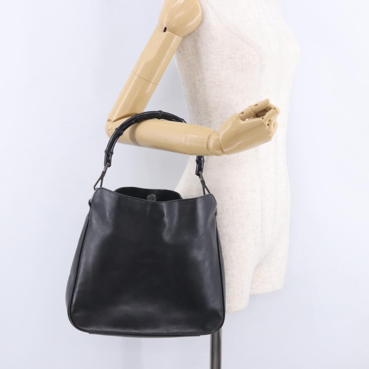 GUCCI Bamboo Hand Bag Leather Black Silver 001 1638 Auth ka6269