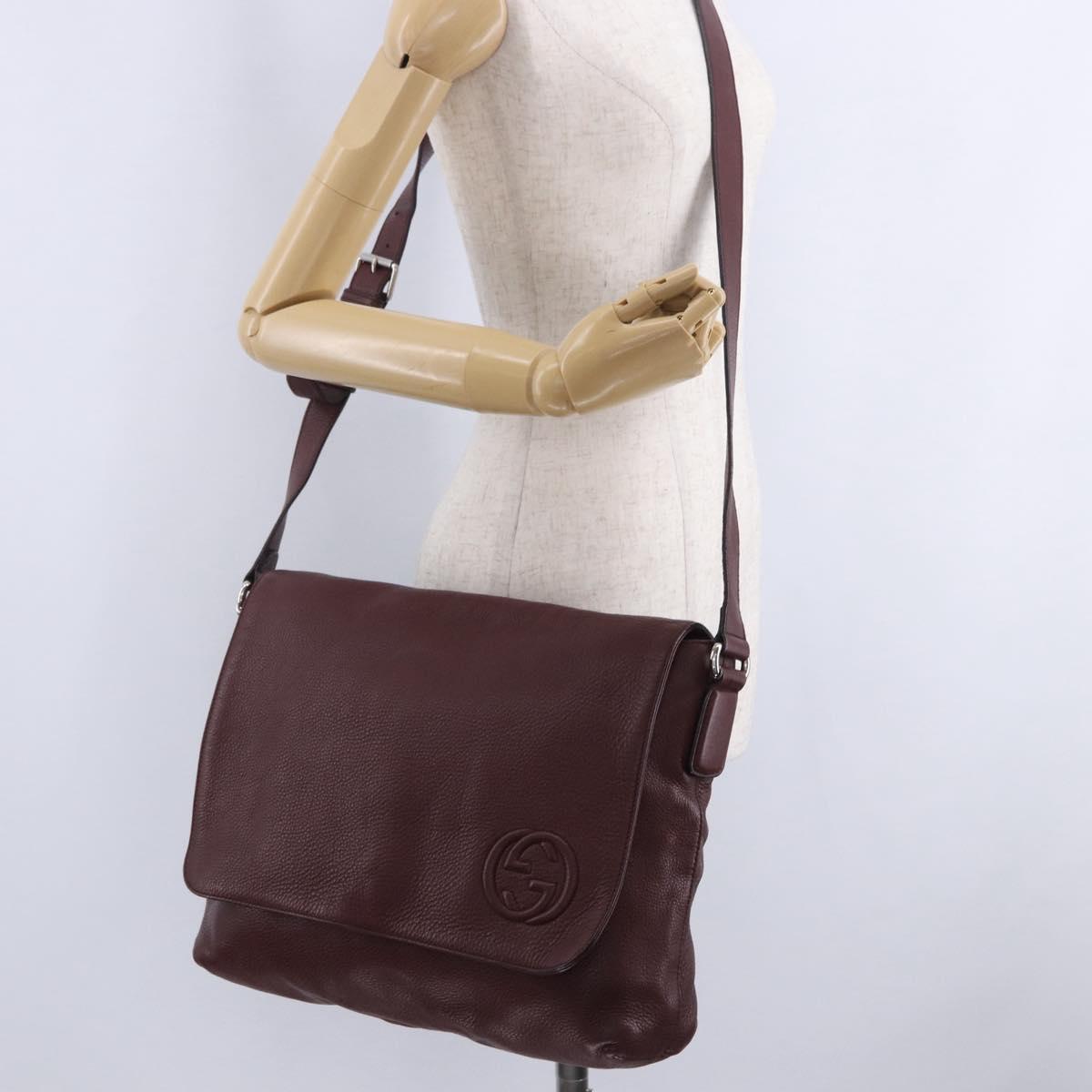 GUCCI Interlocking Shoulder Bag Leather Bordeaux Silver 322056 Auth ka6271V