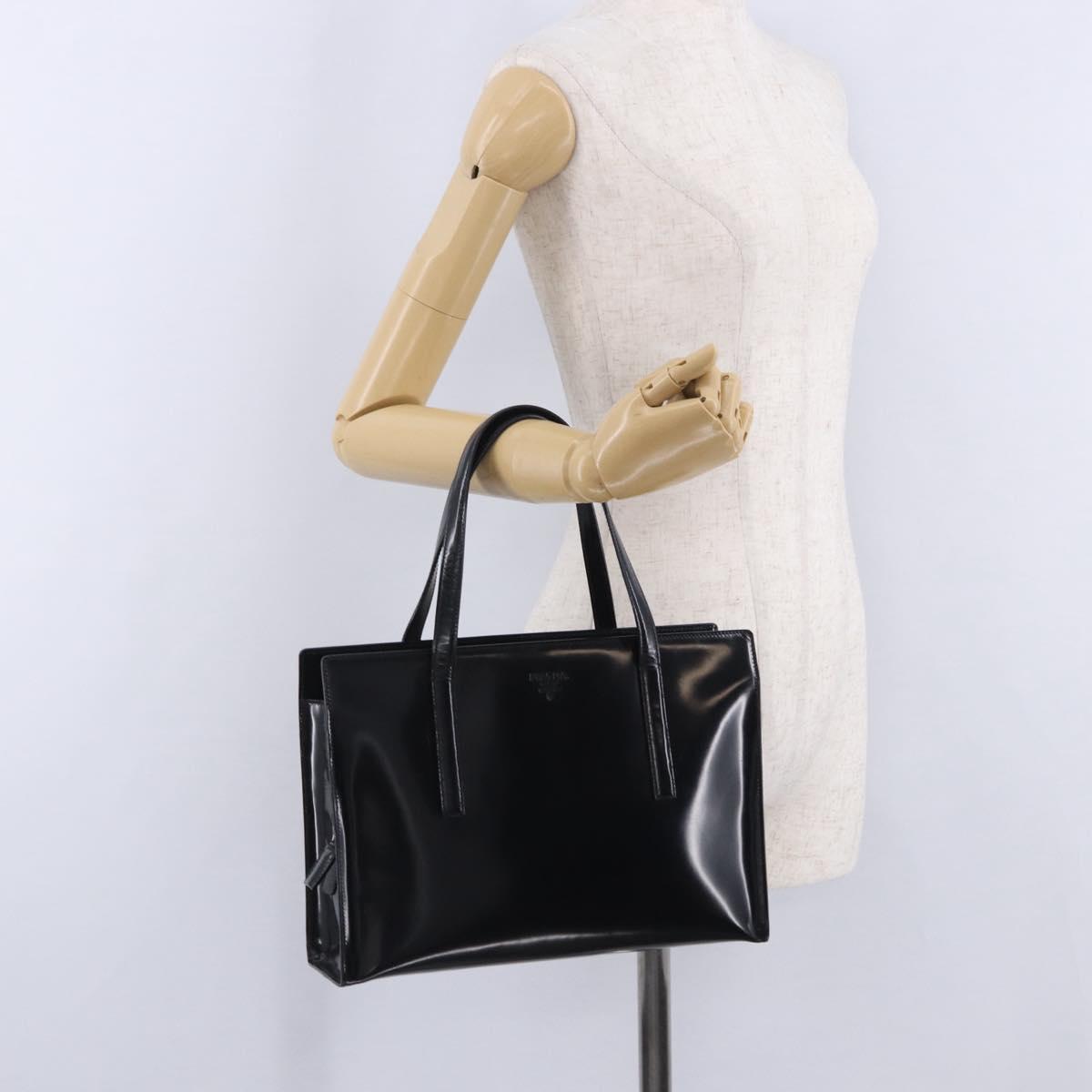 PRADA Hand Bag Patent Black Silver Auth ka6287