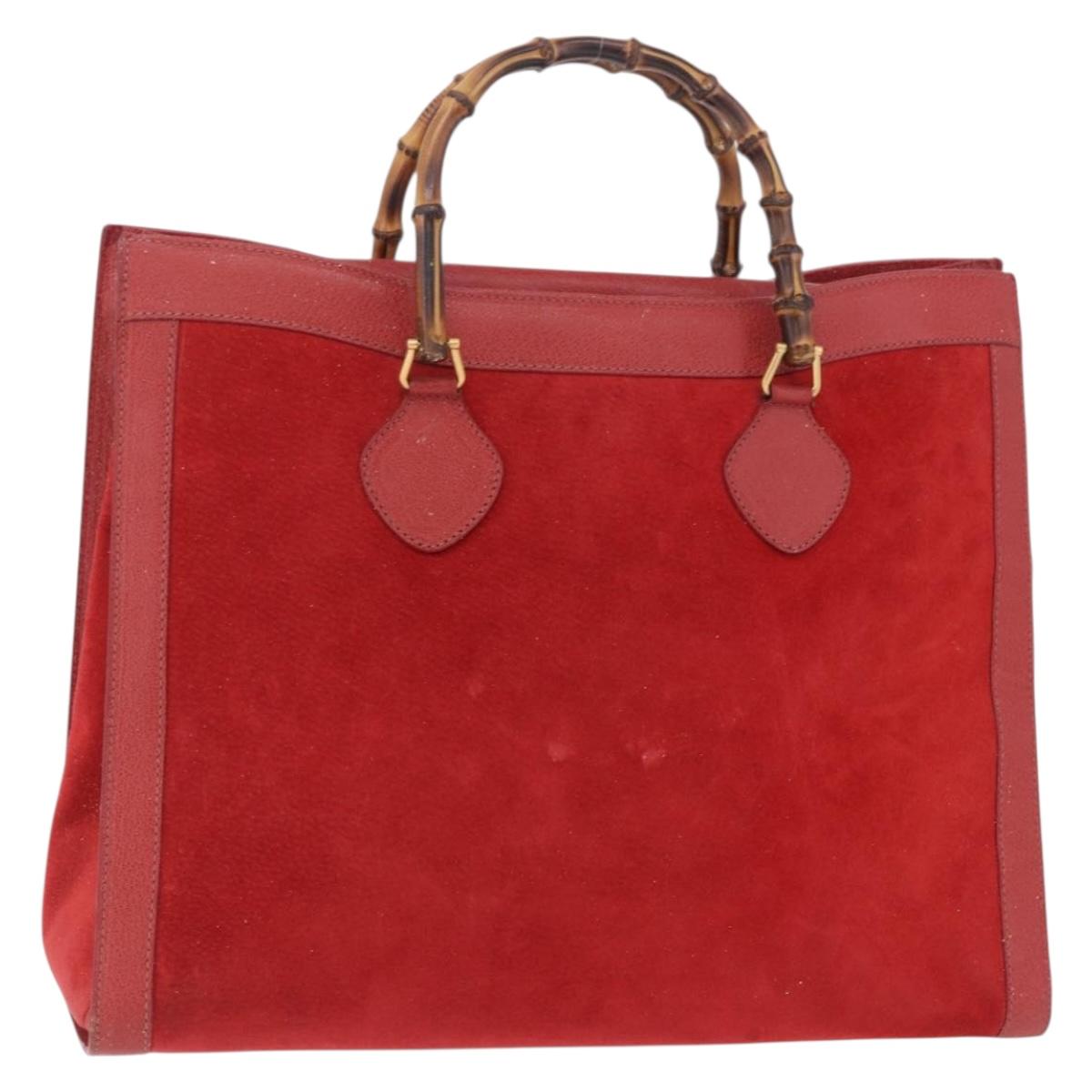 GUCCI Bamboo Hand Bag Suede Red Gold Tone 002 853 0259 Auth ka6291