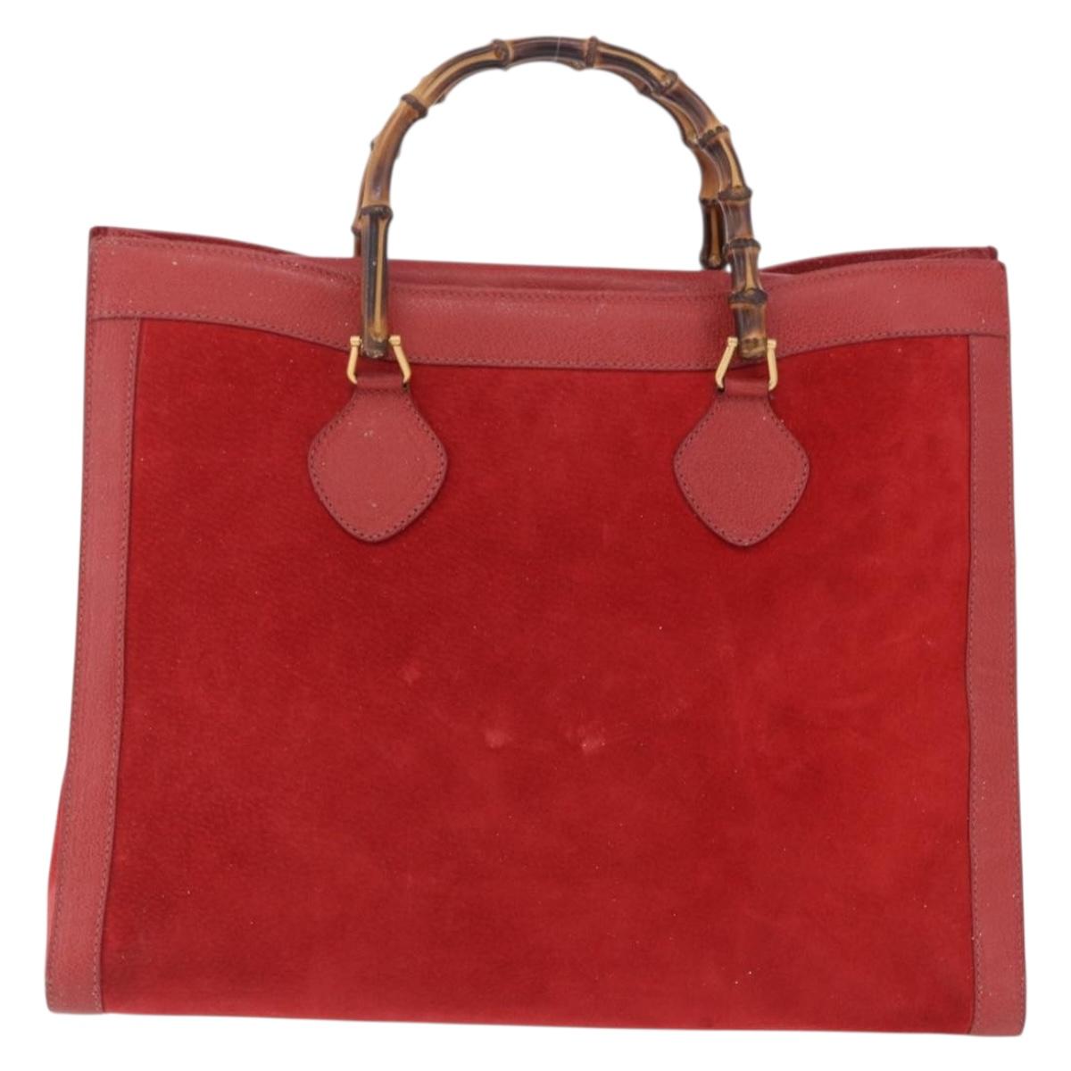 GUCCI Bamboo Hand Bag Suede Red Gold Tone 002 853 0259 Auth ka6291