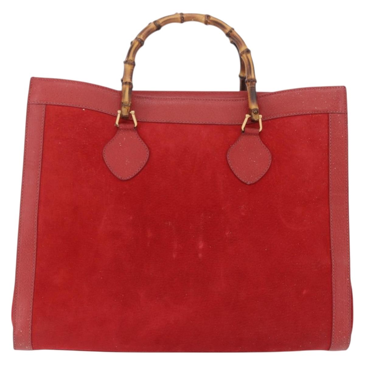 GUCCI Bamboo Hand Bag Suede Red Gold Tone 002 853 0259 Auth ka6291