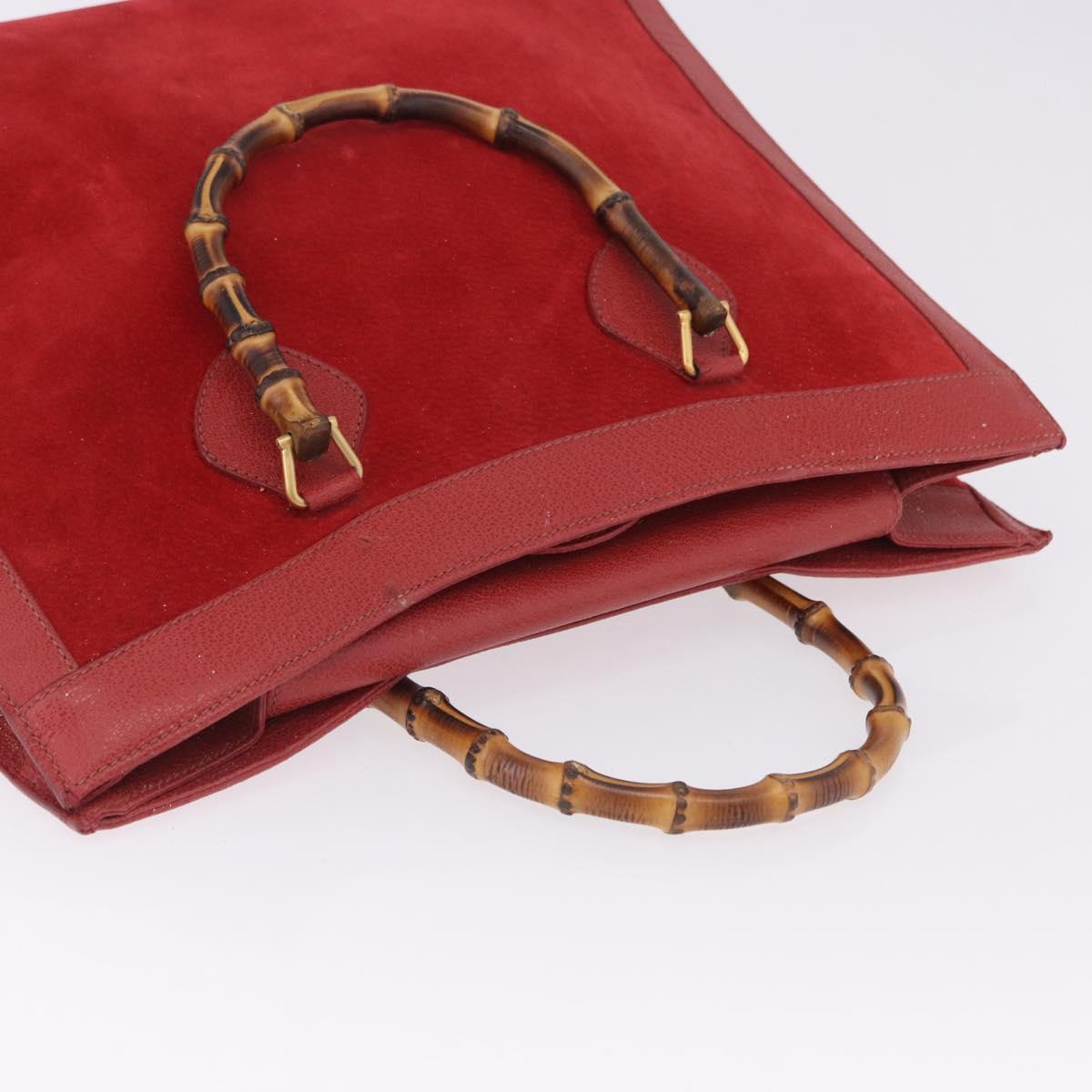 GUCCI Bamboo Hand Bag Suede Red Gold Tone 002 853 0259 Auth ka6291