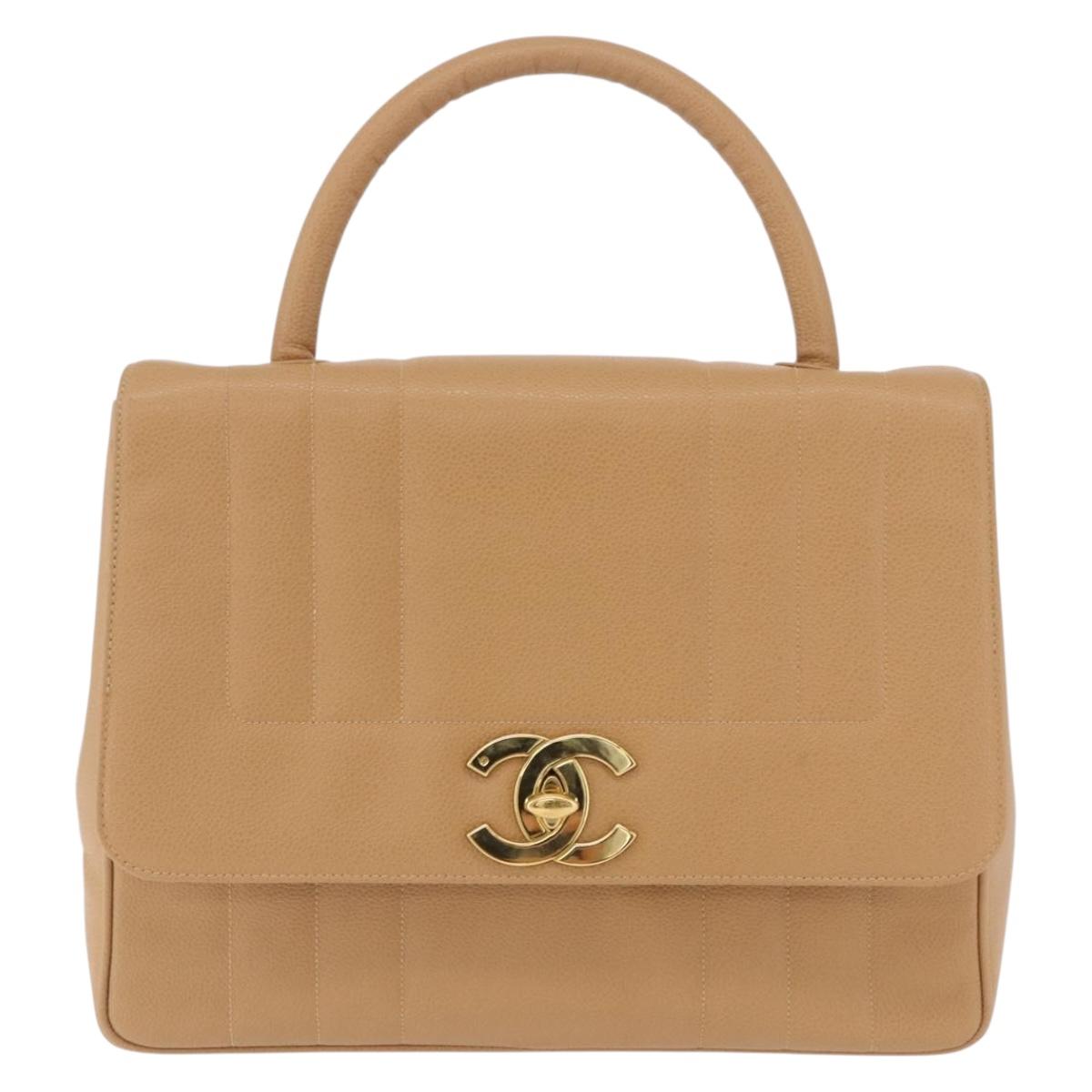 CHANEL Mademoiselle Hand Bag Caviar Skin Beige Gold Tone CC Auth ka6295V