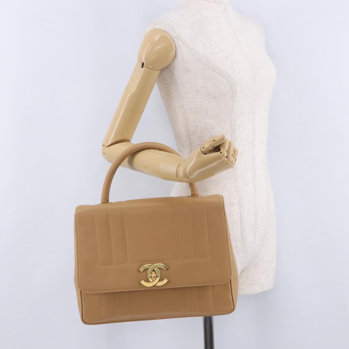 CHANEL Mademoiselle Hand Bag Caviar Skin Beige Gold Tone CC Auth ka6295V