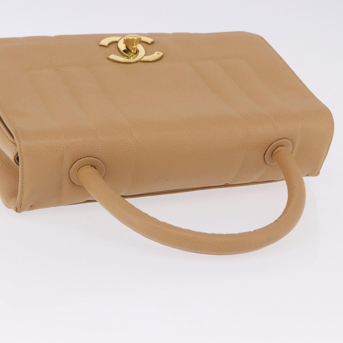CHANEL Mademoiselle Hand Bag Caviar Skin Beige Gold Tone CC Auth ka6295V