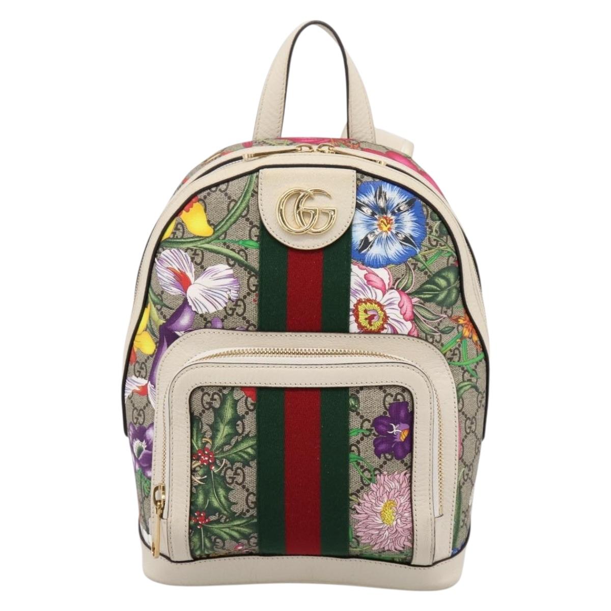 GUCCI Ophdia GG Web Sherry Line Flora Backpack PVC Beige 547965 Auth ka6322V