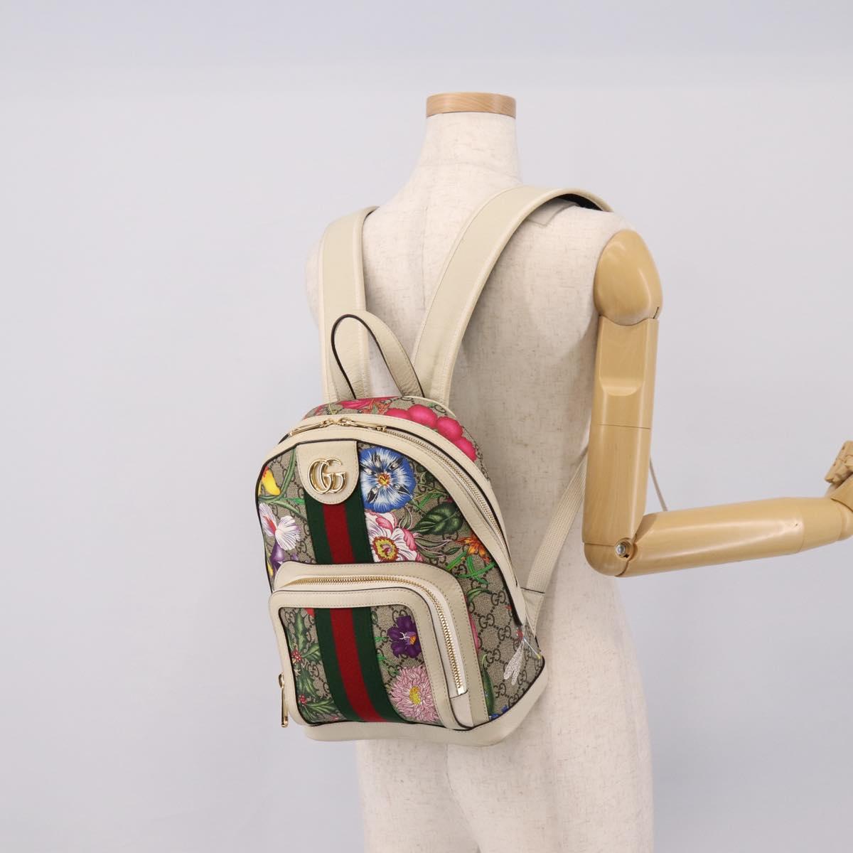 GUCCI Ophdia GG Web Sherry Line Flora Backpack PVC Beige 547965 Auth ka6322V