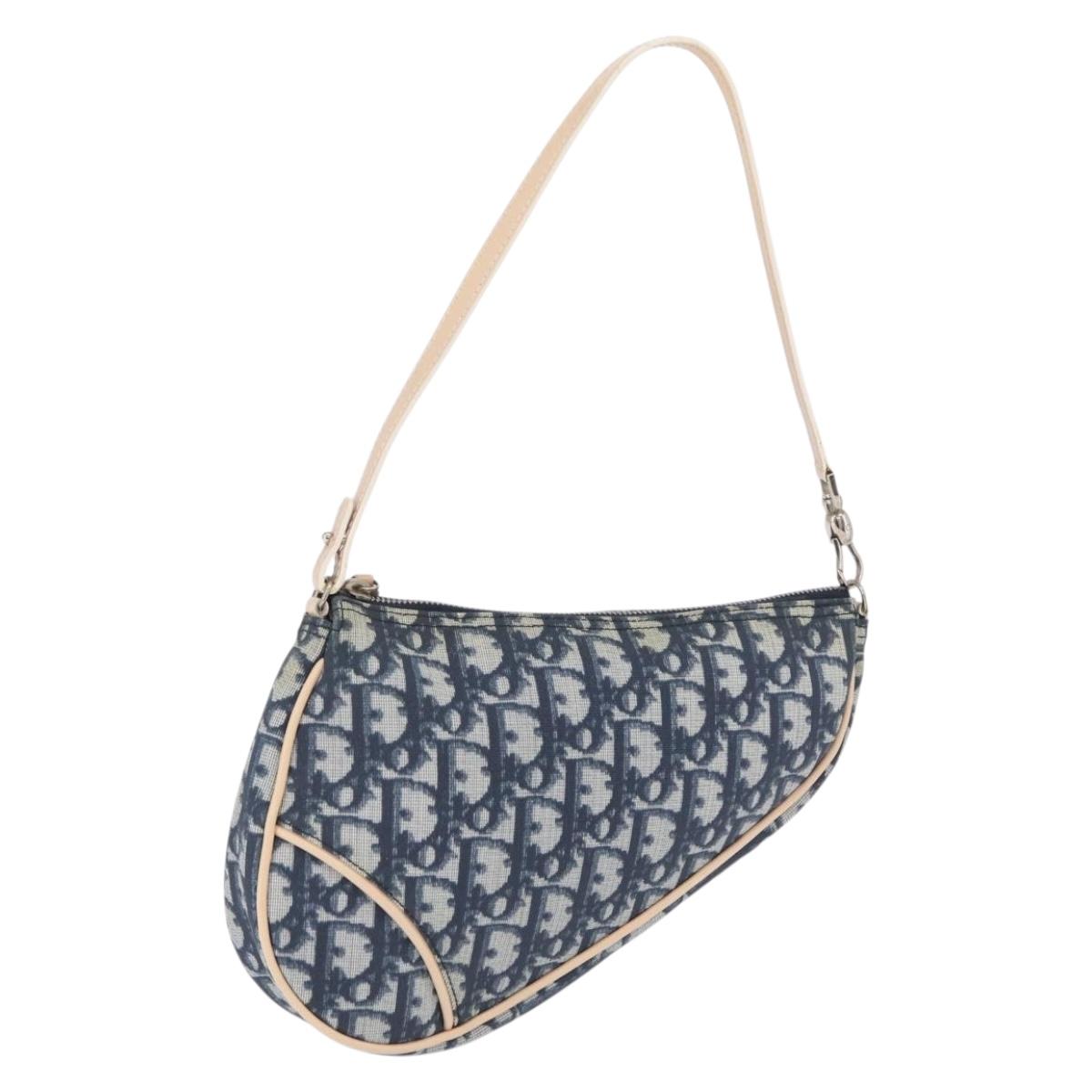 Christian Dior Trotter Canvas Saddle Pouch PVC Blue Silver Auth ka6323V