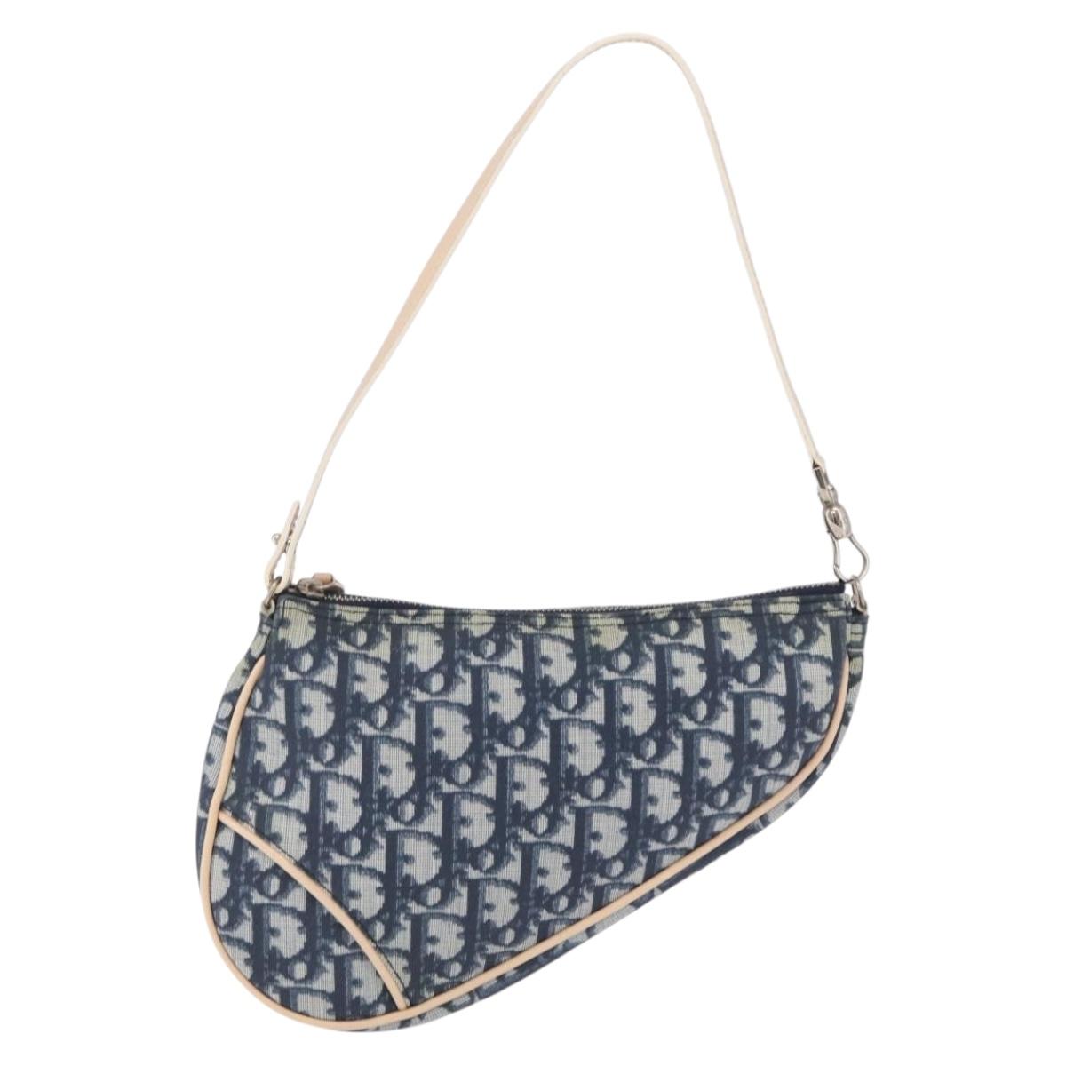 Christian Dior Trotter Canvas Saddle Pouch PVC Blue Silver Auth ka6323V