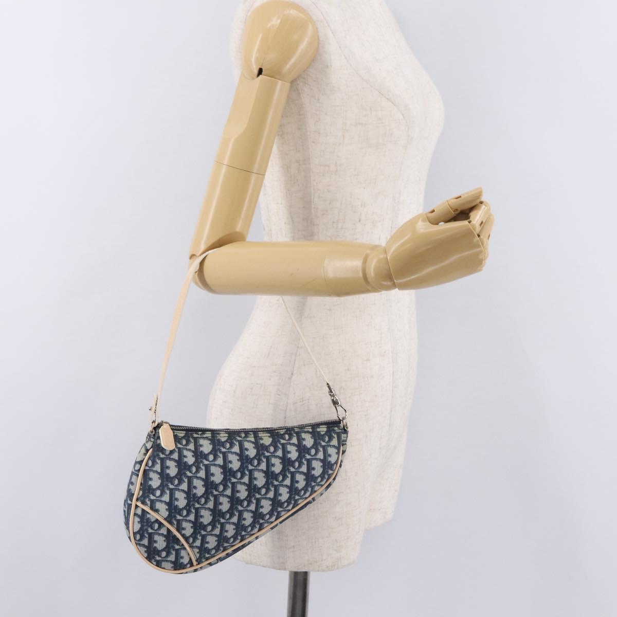 Christian Dior Trotter Canvas Saddle Pouch PVC Blue Silver Auth ka6323V