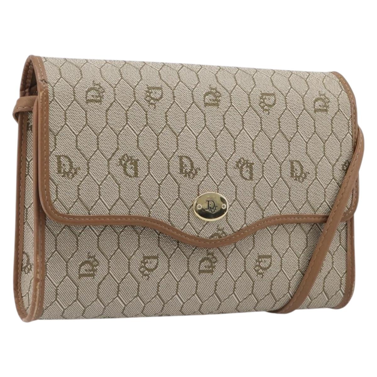 Christian Dior Honeycomb Canvas Shoulder Bag PVC Beige Gold Auth ka6327A