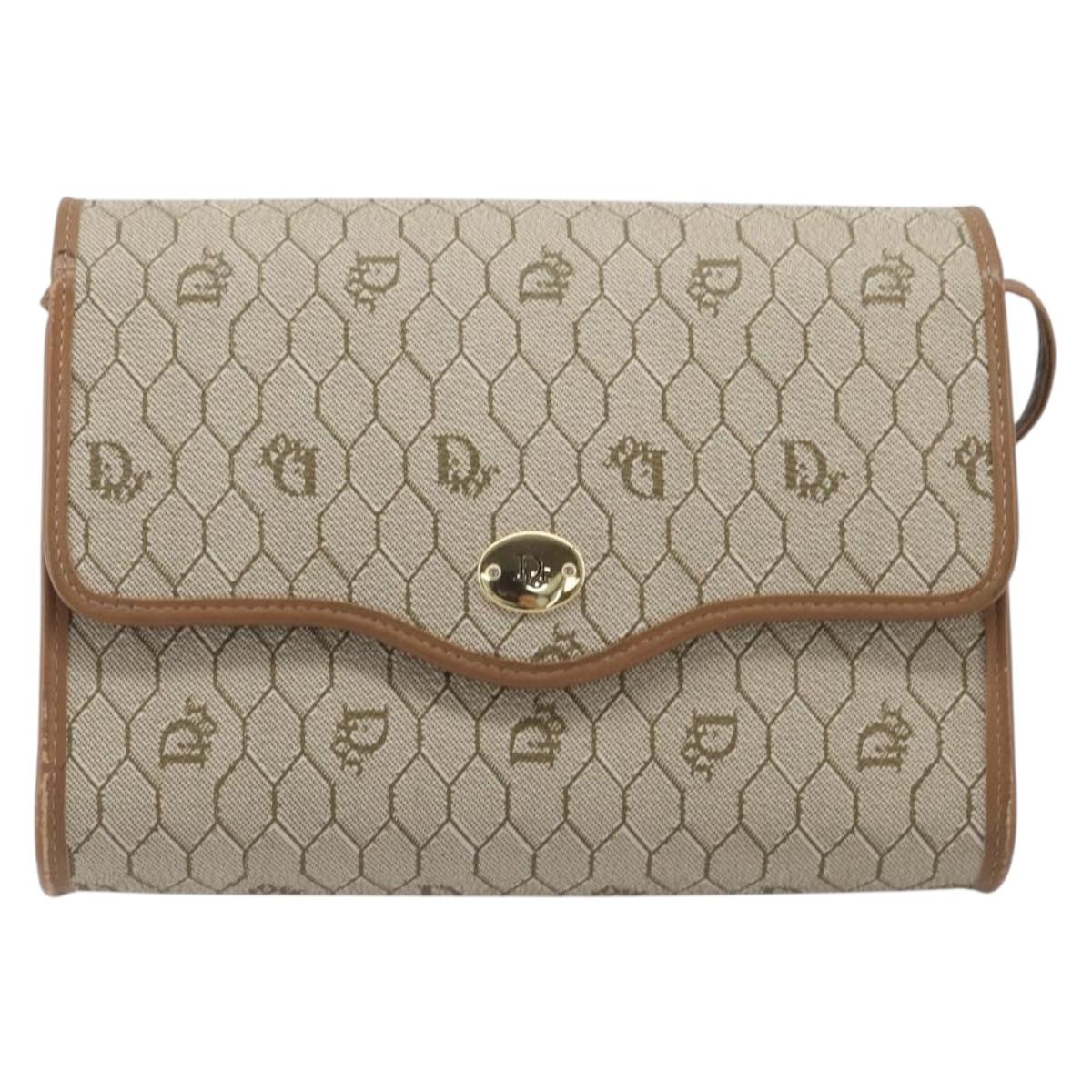 Christian Dior Honeycomb Canvas Shoulder Bag PVC Beige Gold Auth ka6327A