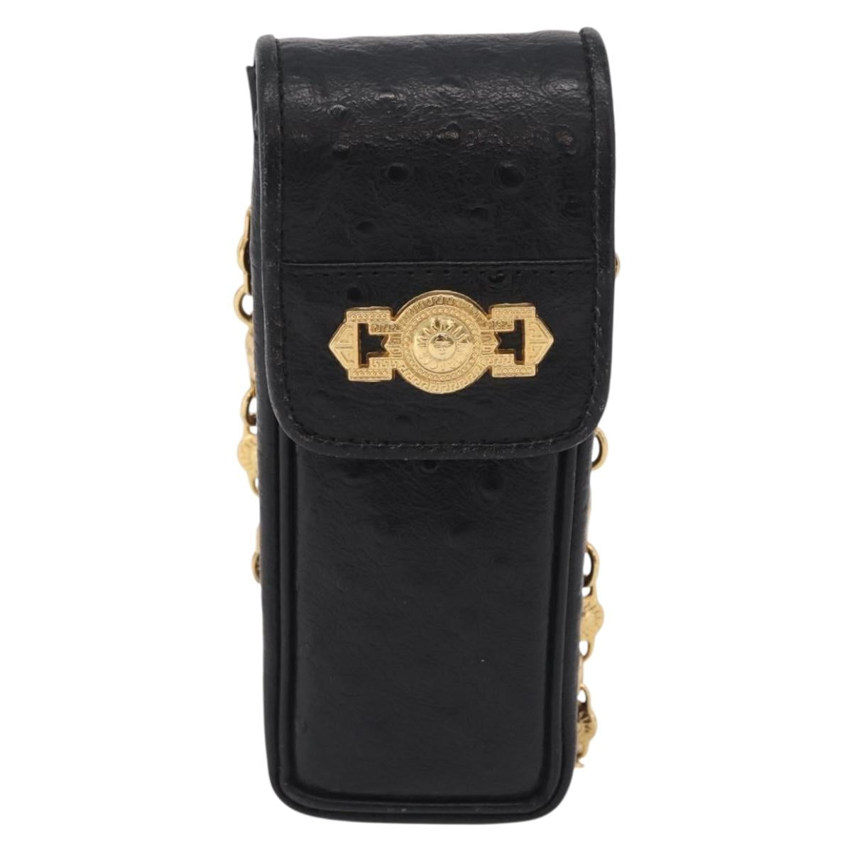 Gianni Versace Cigarette Case Leather Black Gold Auth ka6329