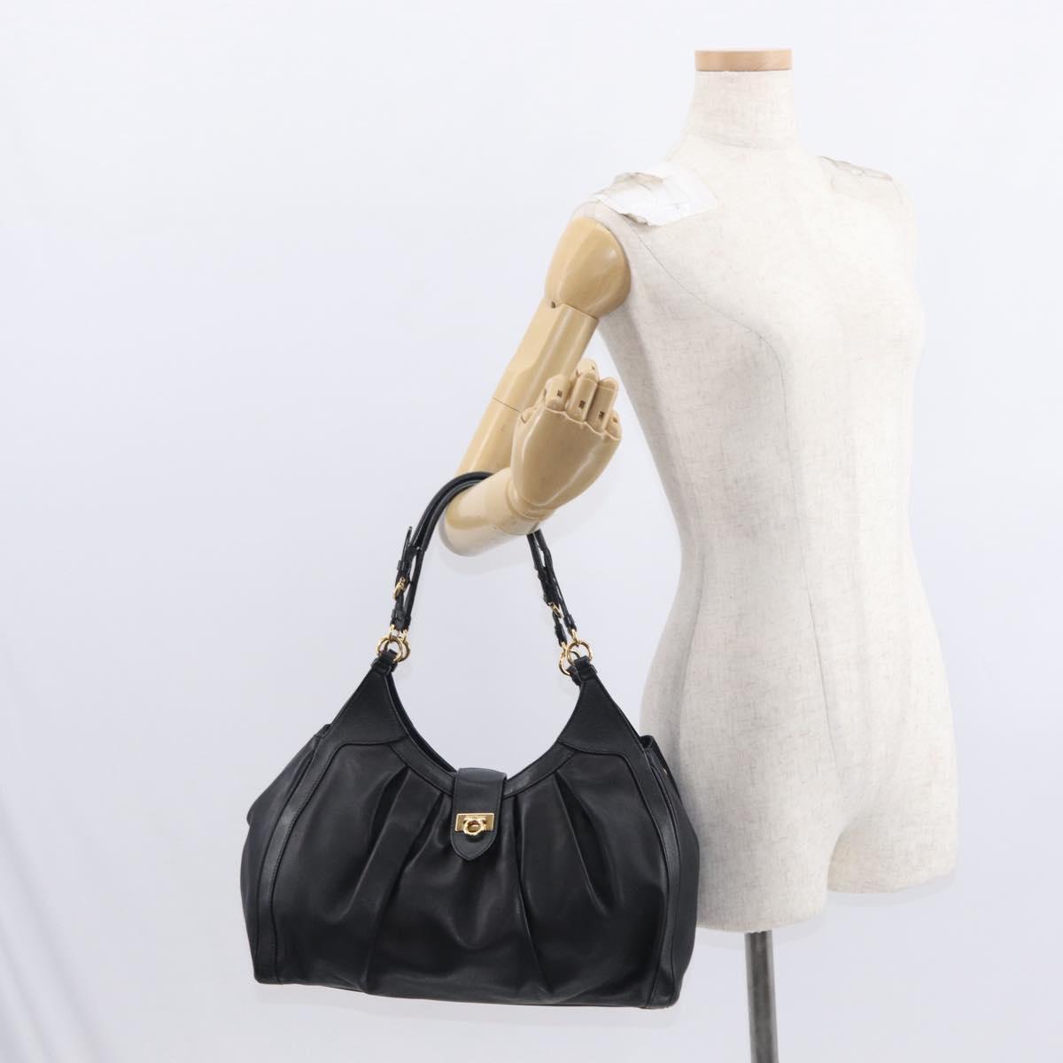 Salvatore Ferragamo Gancini Shoulder Bag Leather Black Gold Auth ka633