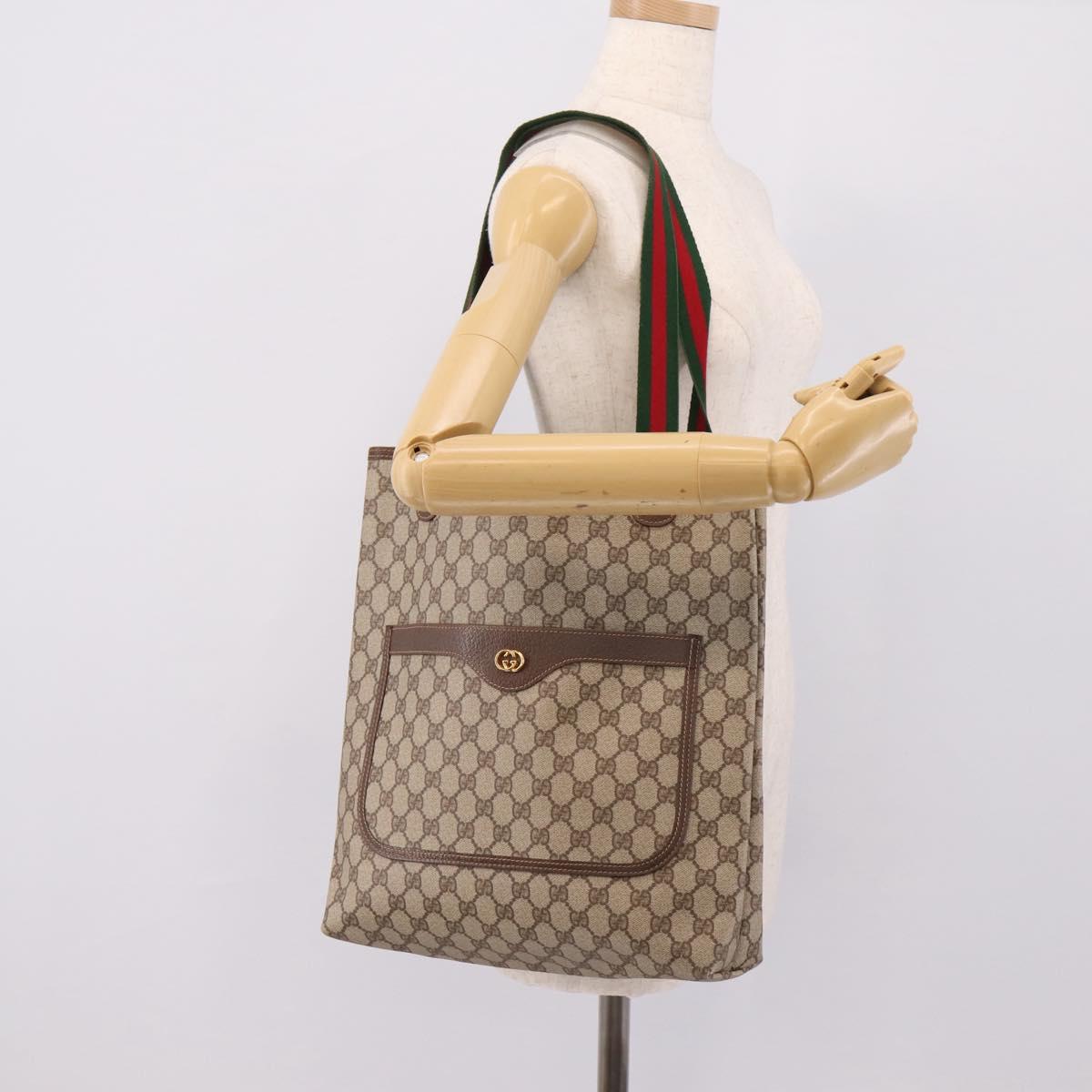 GUCCI GG Supreme Web Sherry Line Tote Bag PVC Beige Gold 002 58 6487 Auth ka6332