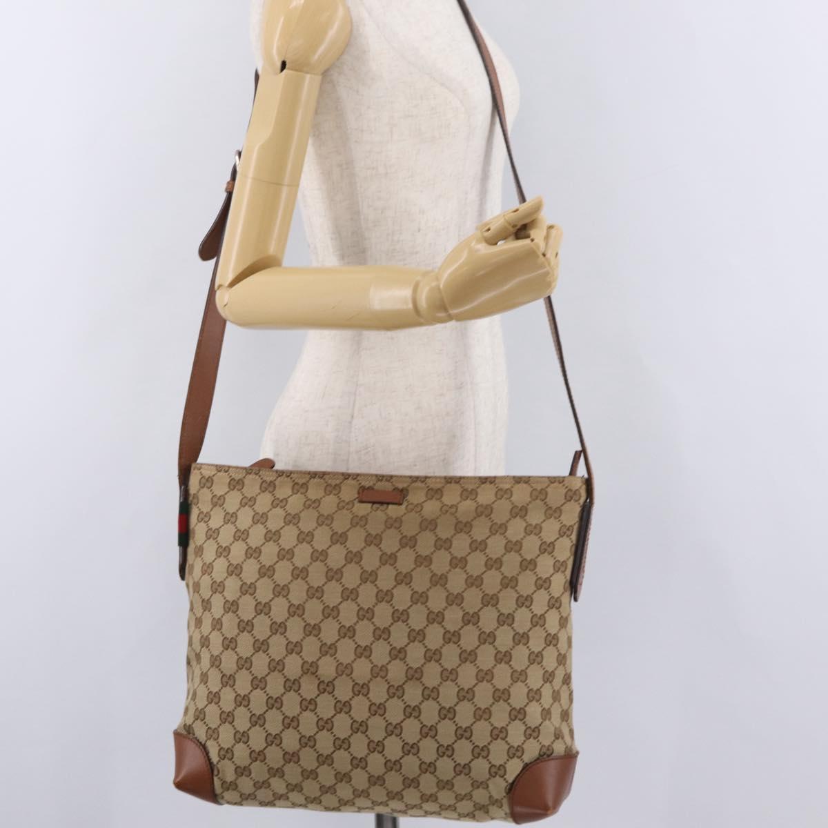 GUCCI GG Canvas Web Sherry Line Shoulder Bag Beige Silver 308930 Auth ka6334