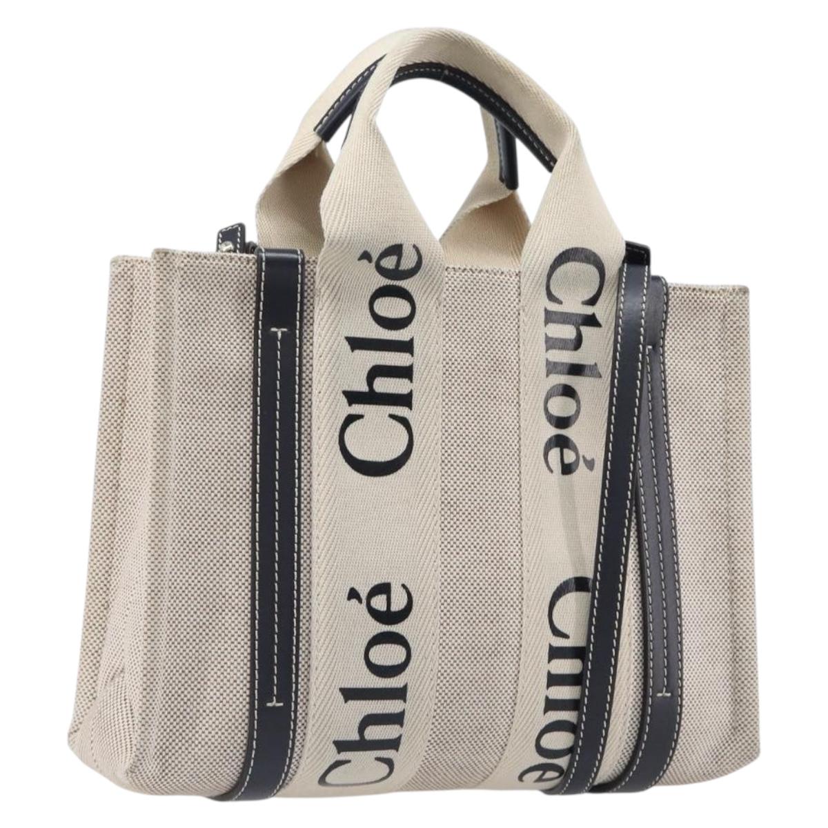 Chloe Woody Hand Bag Canvas 2way White Gold Auth ka6339