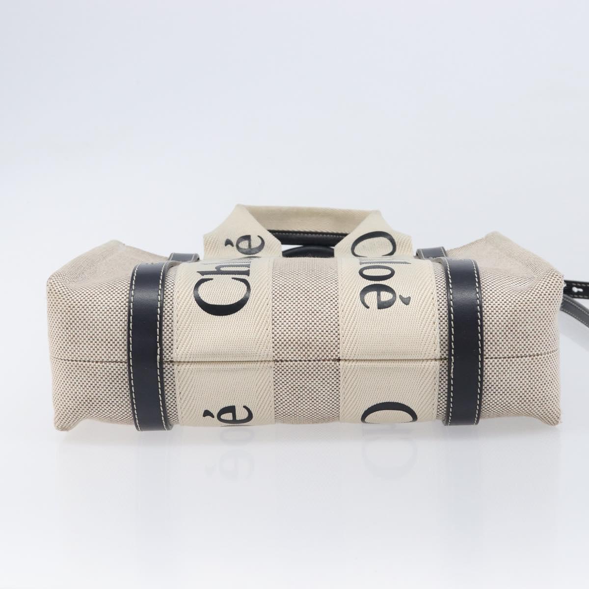Chloe Woody Hand Bag Canvas 2way White Gold Auth ka6339