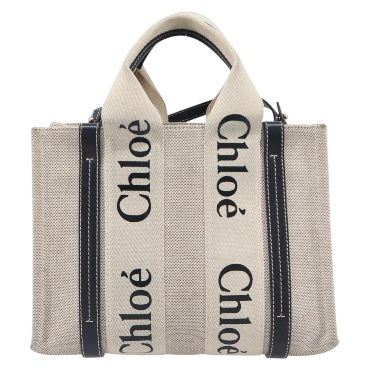 Chloe Woody Hand Bag Canvas 2way White Gold Auth ka6339