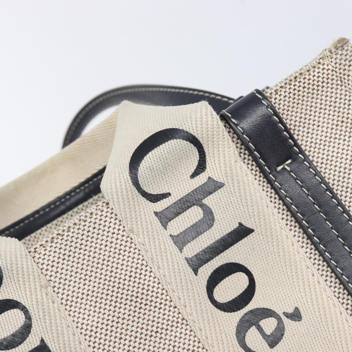 Chloe Woody Hand Bag Canvas 2way White Gold Auth ka6339