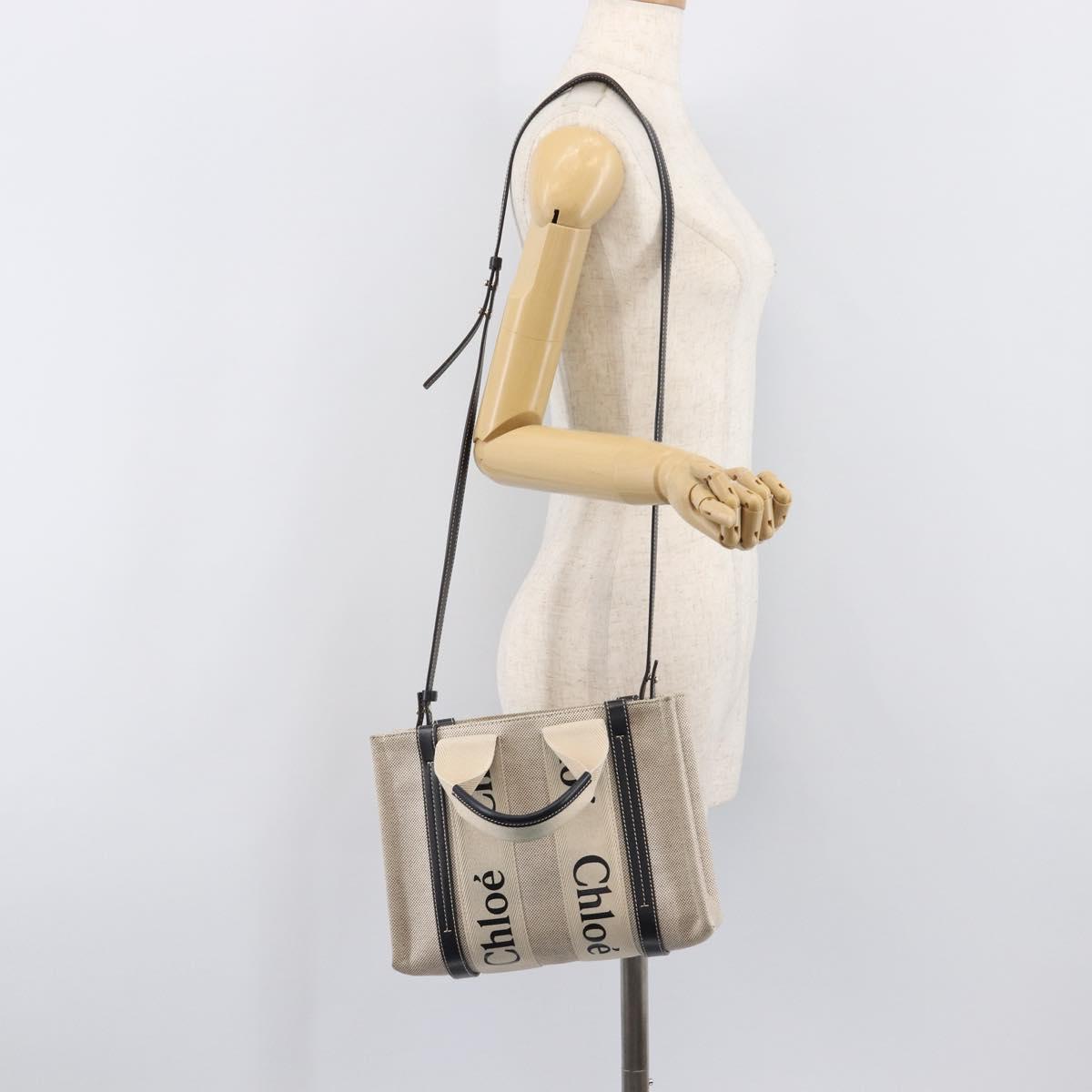 Chloe Woody Hand Bag Canvas 2way White Gold Auth ka6339