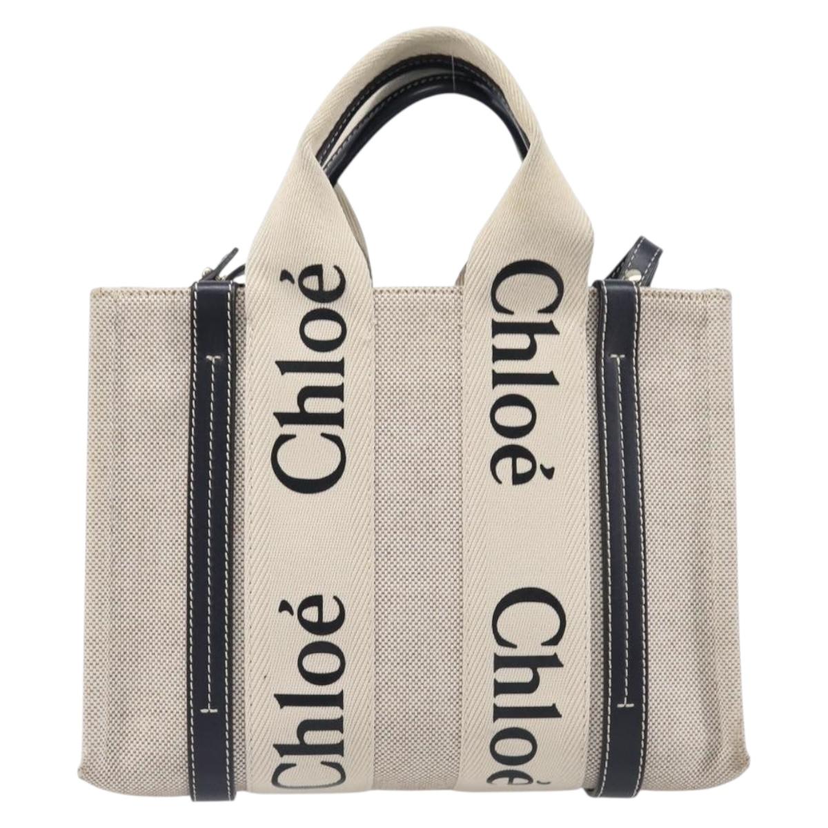 Chloe Woody Hand Bag Canvas 2way White Gold Auth ka6339