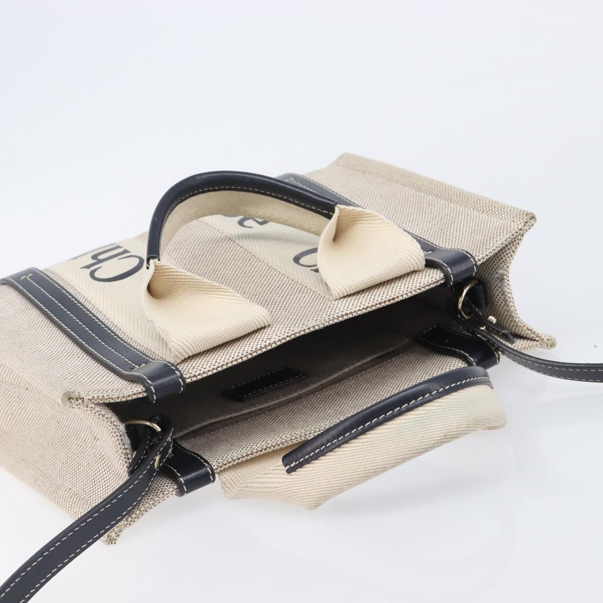Chloe Woody Hand Bag Canvas 2way White Gold Auth ka6339